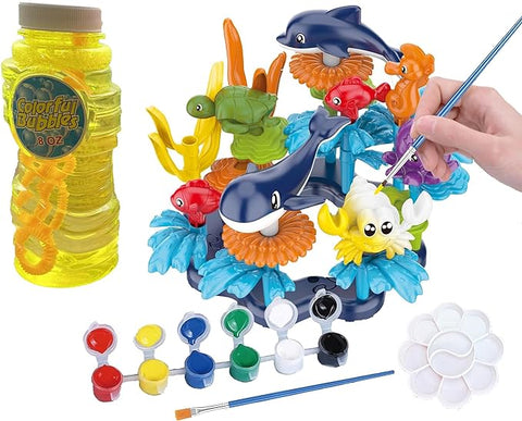 KC Republic Ocean Reef Sea Creatures 37pcs Water Washable Painting & Building Toy Set, Children's Activity Art Kit, Paint Your Own Buildable Ocean Reef Toy with Free Bubbles Bottle Gift