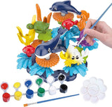 KC Republic Ocean Reef Sea Creatures 37pcs Water Washable Painting & Building Toy Set, Children's Activity Art Kit, Paint Your Own Buildable Ocean Reef Toy with Free Stress Reducing Keychain Gift